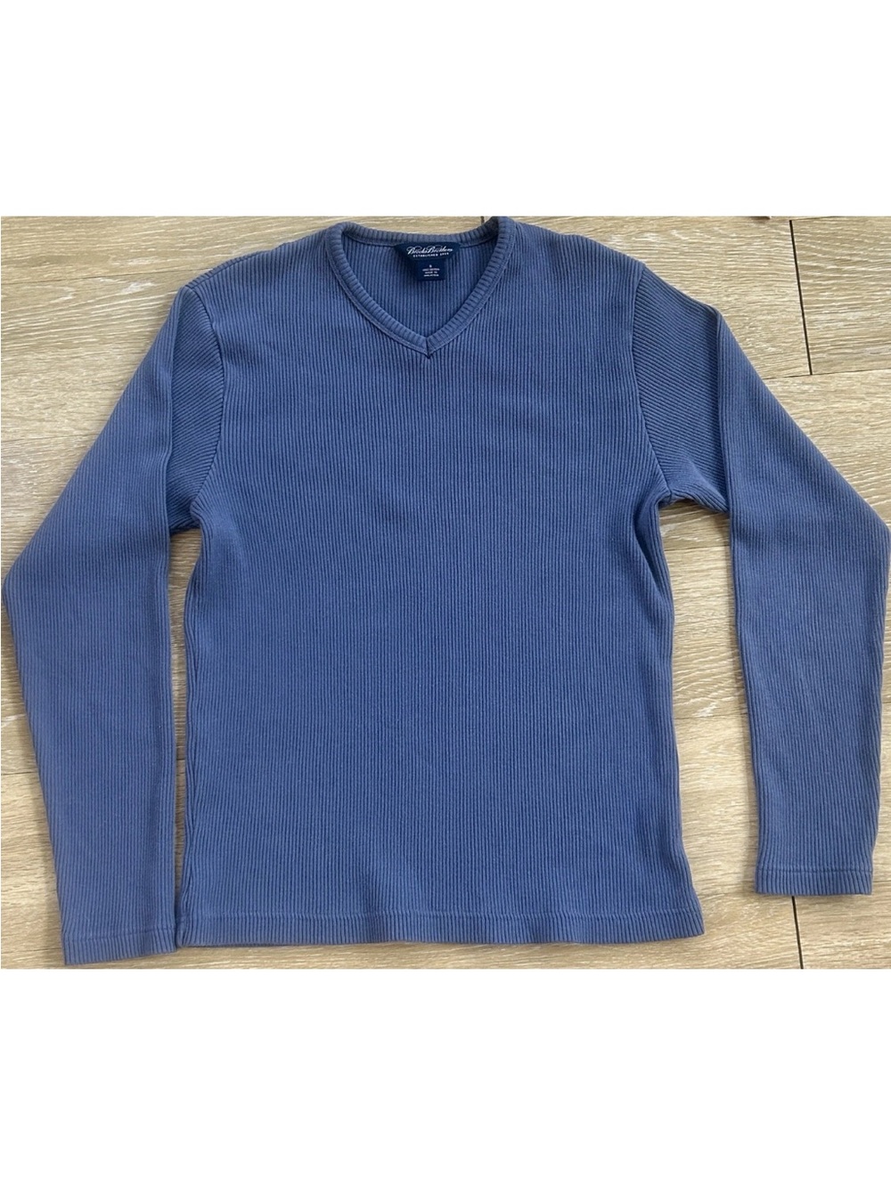 Brooks Brothers Men's Ribbed Blue V-Neck Long Sleeve Shirt Small 100% Cotton